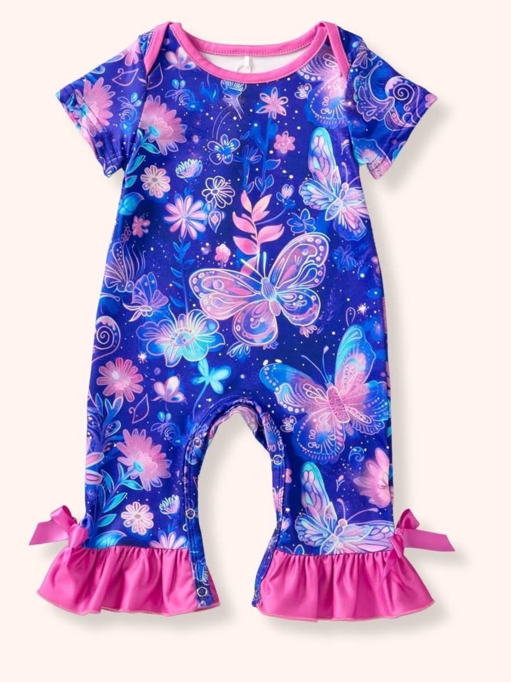 Girls Short-Sleeve Butterfly Print One-Piece Bodysuit - Pink & Blue